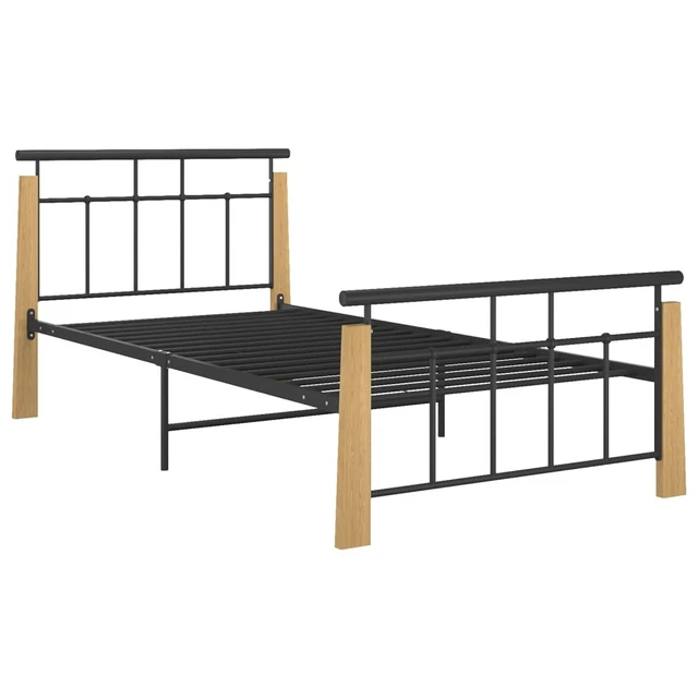 LIGHT BROWN METAL Bed Frame with Solid Oak Wood, 100x200 cm, Sturdy