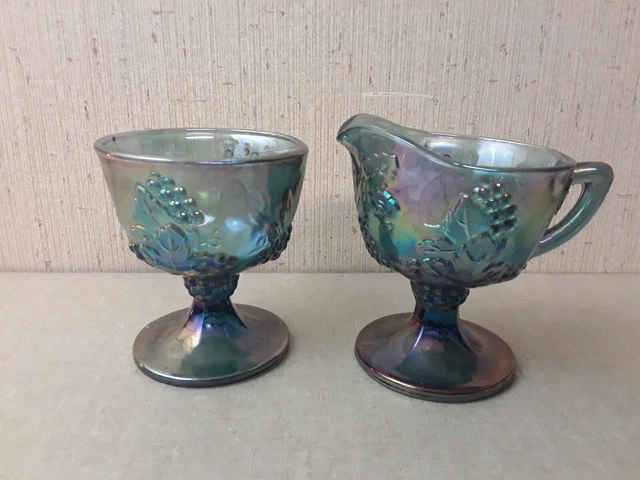 Vintage Carnival Glass Grape Cream And Sugar Set