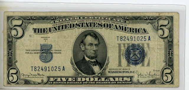 1934 D - 5 Dollar Blue Seal Silver Certificate United States Note - 2341