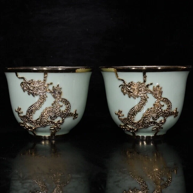 3.4"Antique dynasty Porcelain xuande mark pair pea green Bronze inlay Dragon cup