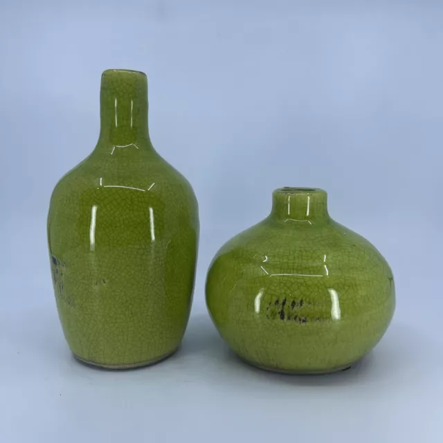 2 x Modern Antique Style Apple Green Crackle Glazed Vase / Chinese Flower Vase