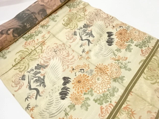 45383# Japanese Kimono / Obigawa For Maru Obi / Woven Crane With Flower