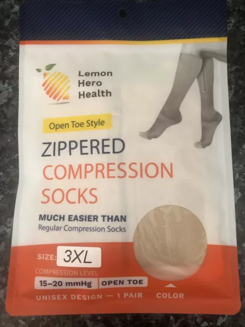 ZIPPERED COMPRESSION SOCKS with Open Toe Beige 15-20mmHg 3XL sealed ...