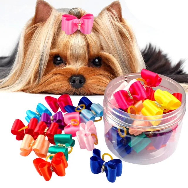 20/100pcs Cat Dog Hair Bows with Rubber Bands Pet Grooming Headdress for Yorkie