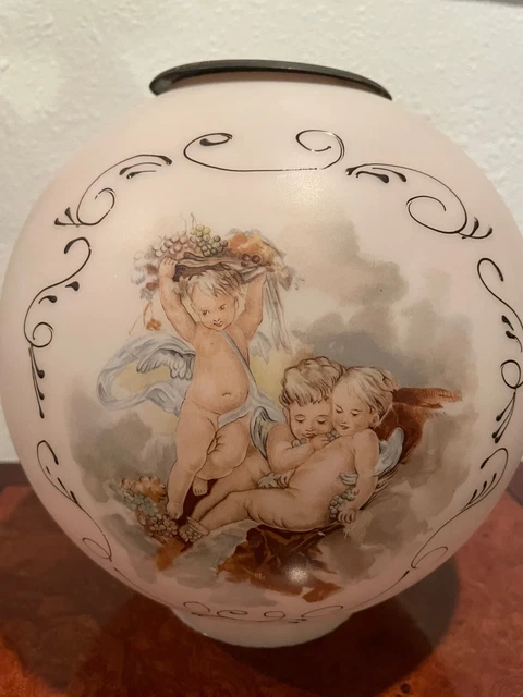 Antique Old Victorian Cherubs Handpainted Satin Glass Globe Lamp Shade Pink 8" + 3