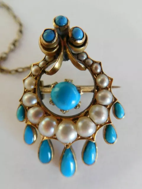 Victorian Yellow Gold (Tests 14/15Ct) Turquoise And Seed Pearl Brooch