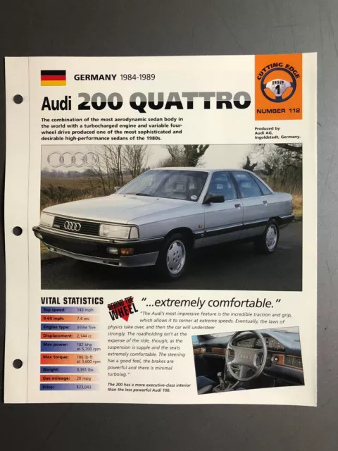 1984 - 1989 Audi 200 Quattro  "Hot Cars" Spec Sheet Folder Brochure Awesome L@@K