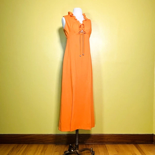 Mid Century Maxi Dress S/M Orange Vintage 1960s Ruffle Neckline Sleeveless Slits