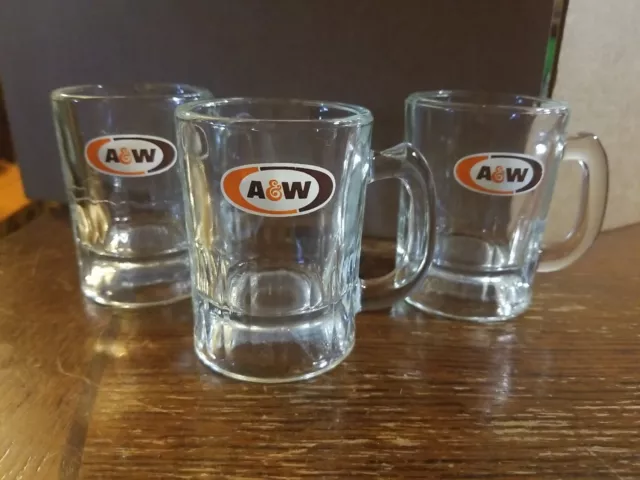 3-Vintage A&W Root Beer Mini Mug AW Oval Logo 3" Tall Collectible Glass Shot