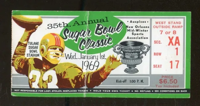 1969 Sugar Bowl Ticket Arkansas Razorbacks v Georgia Bulldogs UGA 76028