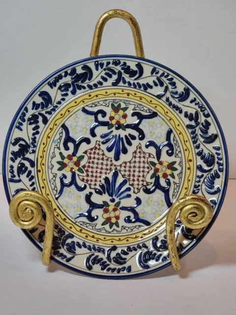 Hand Painted Expressions Decorative 8” Wall Hanging Plate.  Blue Embossed