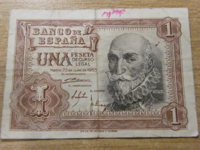 A 1953 Spain 1 Peseta Banknote, Used folds and marks