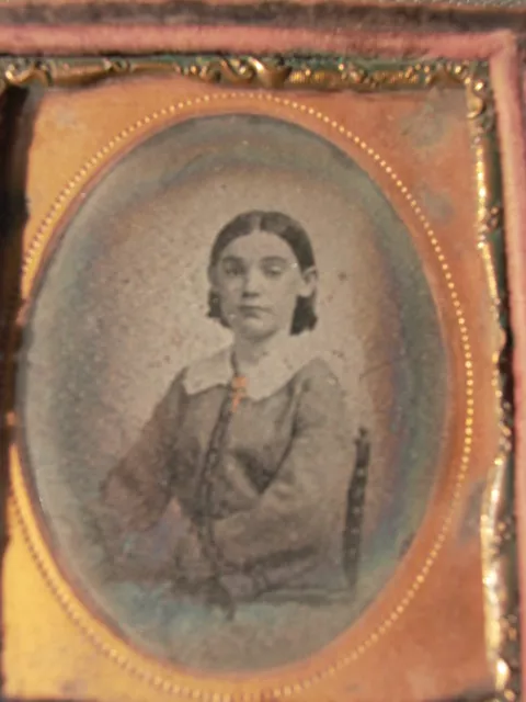 Tintype of a young woman 1860's Union Case pressed Leather  NICE 2 1/2" x 3"NICE