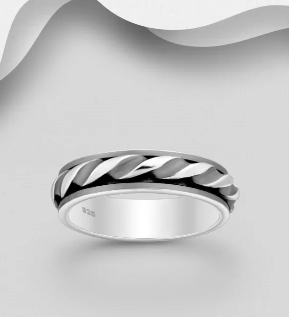 Men's Spin Ring 925 Sterling Silver Spinner Wave Design 5mm Anti-anxiety Fidget
