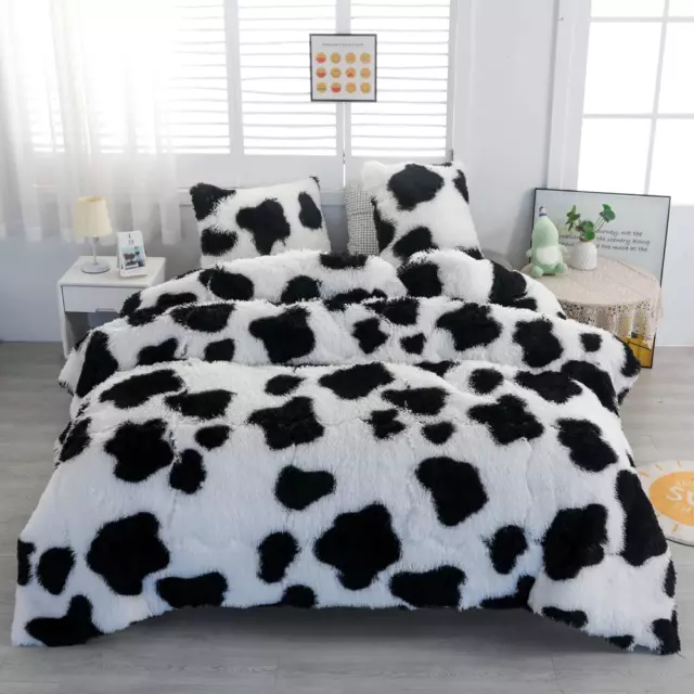 Faux Fur Tie-Dyed Cow Print Black White Comforter Sets Queen - 3PC Bed Set Ultra