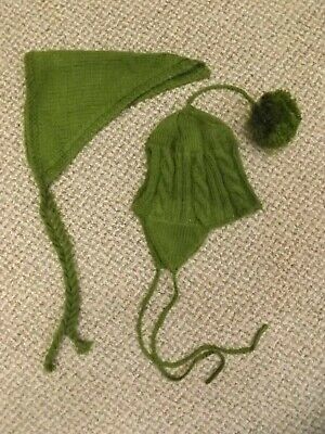 Very Nice! Vtg 1950s Lot of 2 Hand Knitted Dark Olive Infant Baby Winter Hats