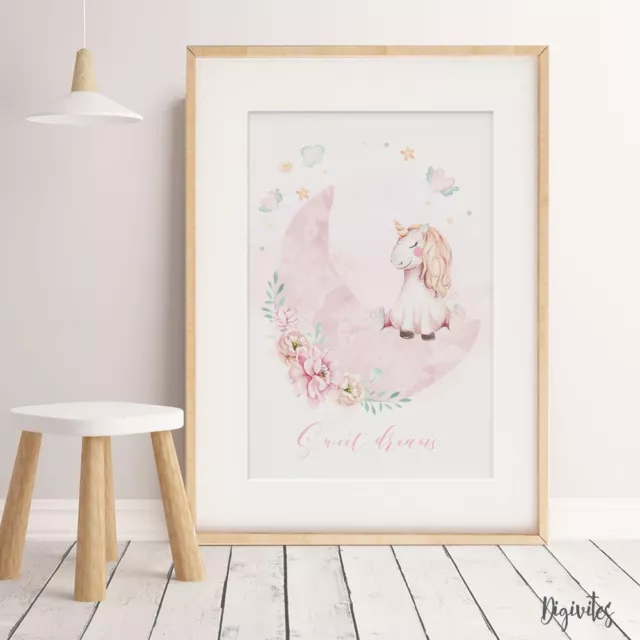 Girl Nursery or Bedroom Watercolour Unicorn Wall Art prints. Rainbow floral Art