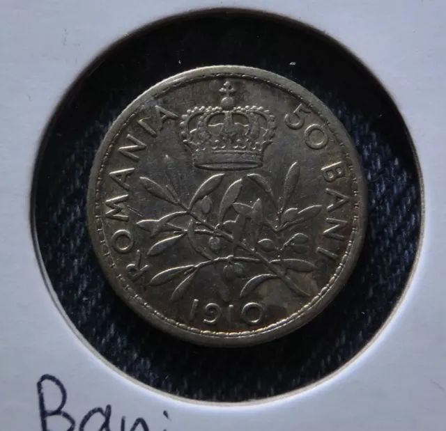 1910 Romania 50 Bani Silver Coin  KM #41