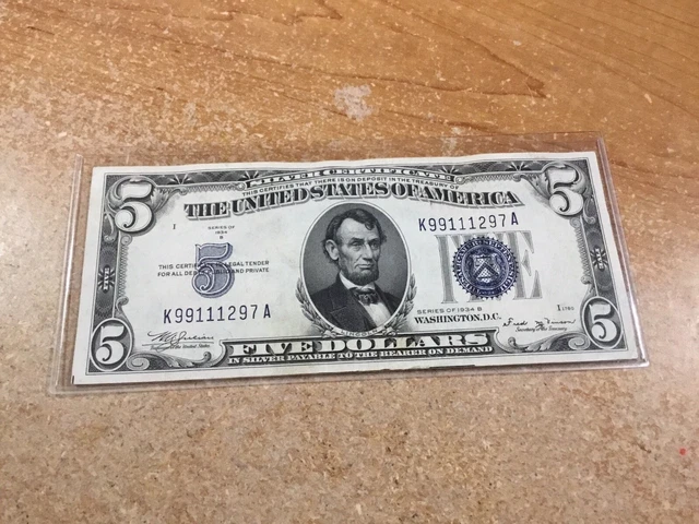 1934-B Misaligned-$5-Silver Certificate Banknote-AU-Blue Seal-1297 A