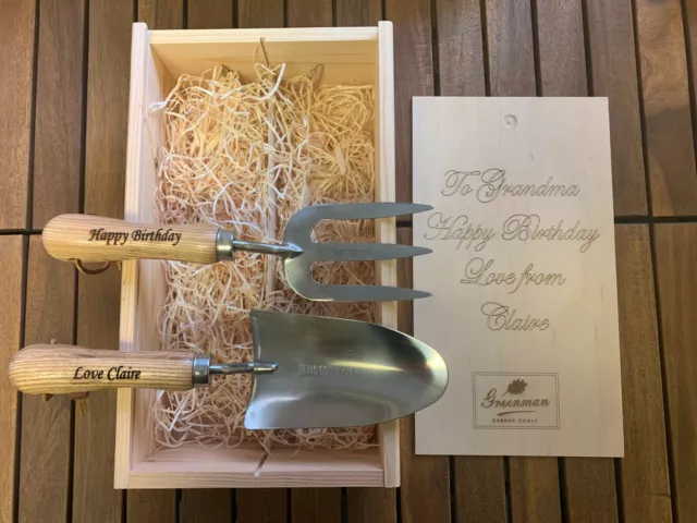 Personalised Garden Tools & Wooden Box Gift Set Premium Greenman Tools