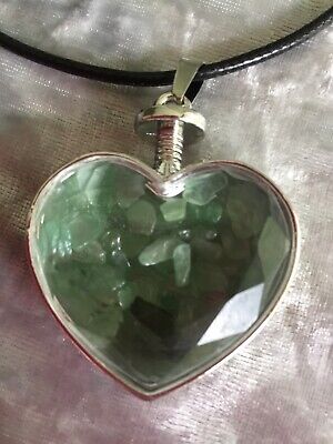 Natural Green Adventurine Chips Heart Glass Pendant + Black Wax Leather Cord