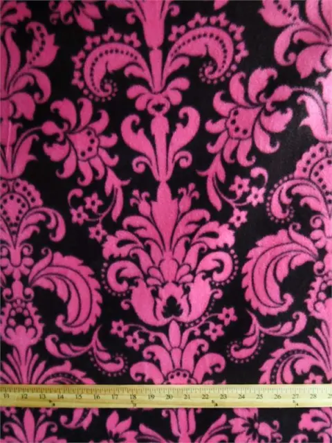 Fleece Floral Printed Fabric - HOT PINK on BLACK / 58" Wide / Sold by the yard
