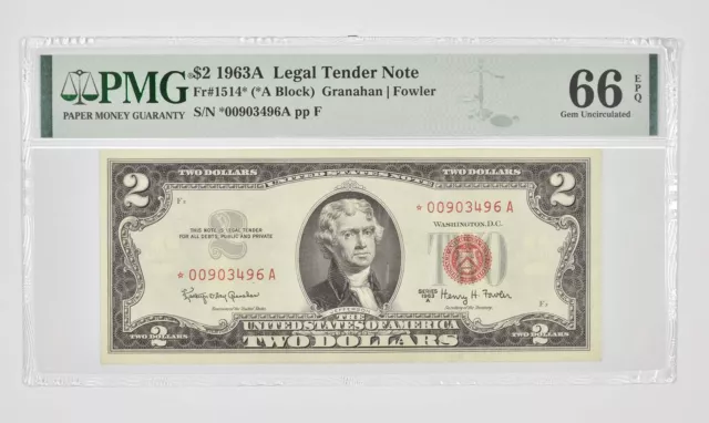 $2 1963-A US Tender Note Red Seal PMG 66 EPQ GEM UNC Fr#1514* (*A Block) *0964