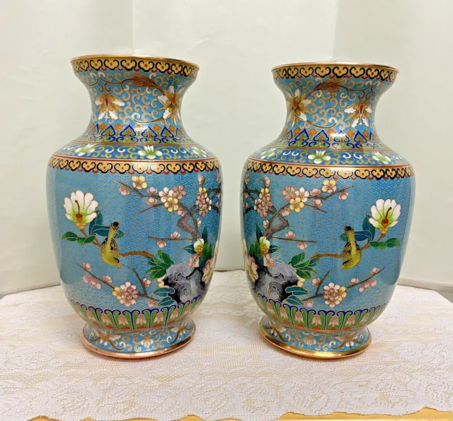 *Exc Cond!* Gorgeous Vintage Pair Of Mirrored Chinese Cloisonne Vases