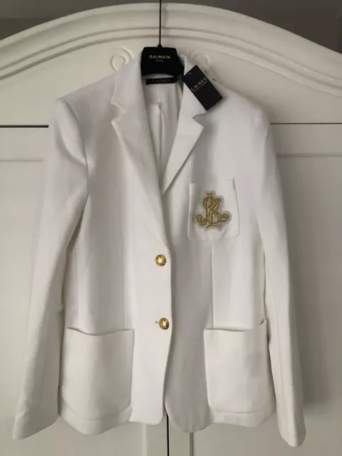 LAUREN RALPH LAUREN White & Gold Embroidered Logo Blazer Jacket