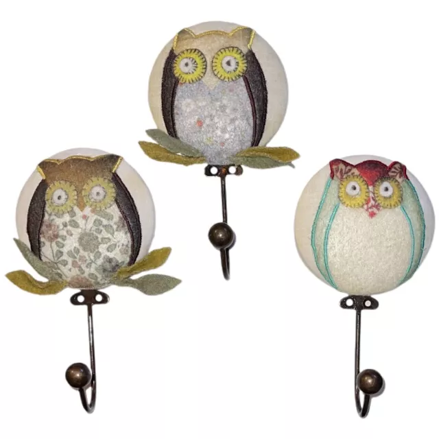 Vintage Handmade Owl Cloth Key Metal Wall Hook Coat Hanger Holder Set Of 3 6.5”