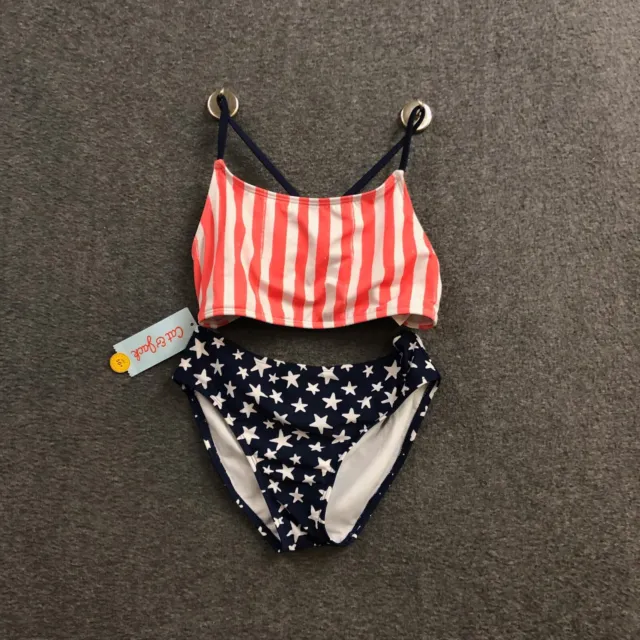 Cat & Jack Girls American Flag Two Piece Swimsuit Set - Navy/Red L 10-12 NWT