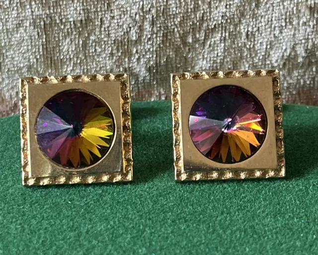 Vintage Cuff Links 1960s/70s Large Square  Gold Tone Rivoli  Watermelon Stones