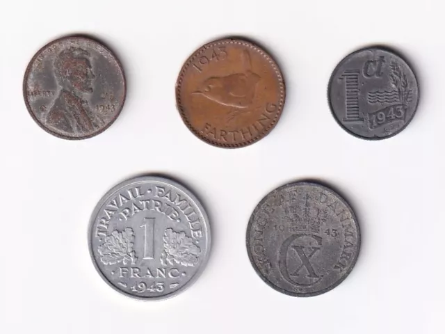 World War II Coins Minted 1943 from Britain, France, Denmark, Netherlands, U.S.