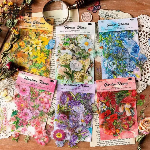 100 PCs Scrapbooking Flower Stickers Journal Diary PET Transparent DIY Planner