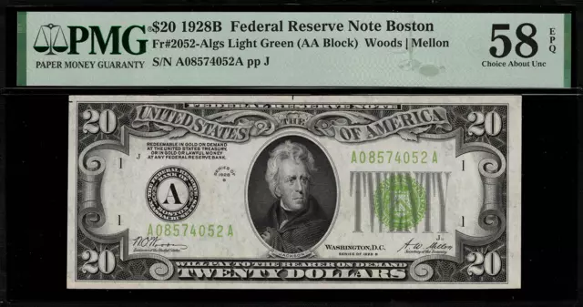 1928B $20 Federal Reserve Note Boston FR.2052-A - LGS - Graded PMG 58 EPQ