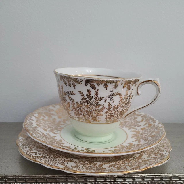 Beautiful Mint Green Chintz Style Gold Flowers Colclough English Trio 1940's