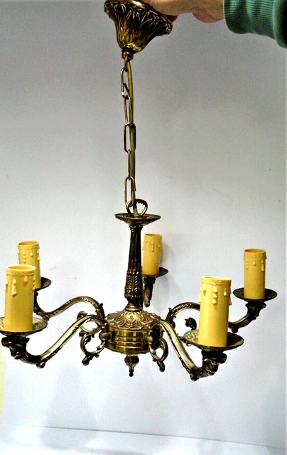 Vintage ornate gilt brass 5 arm ceiling lamp chandelier, 40 cm wide