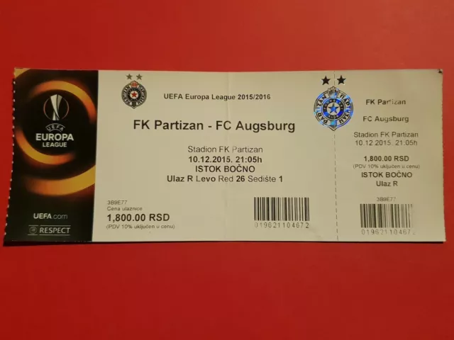 Used Ticket UEFA CL EL 2015/16 Partizan Beograd Belgrad vs FC Augsburg