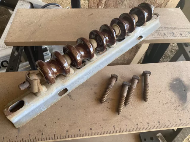 Vintage Joslyn Antique 5 Brown Porcelain Electric Insulators With Bracket