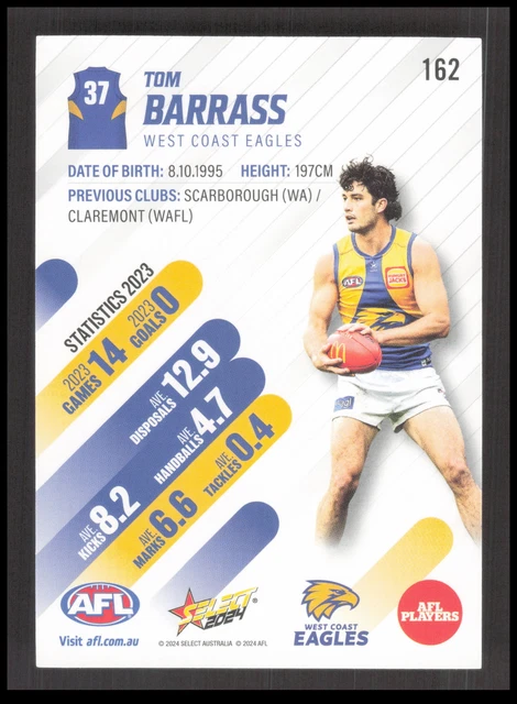 AFL 2024 SELECT West Coast Eagles Tom Barrass 162 Card CB-1-3-D-15 $2.