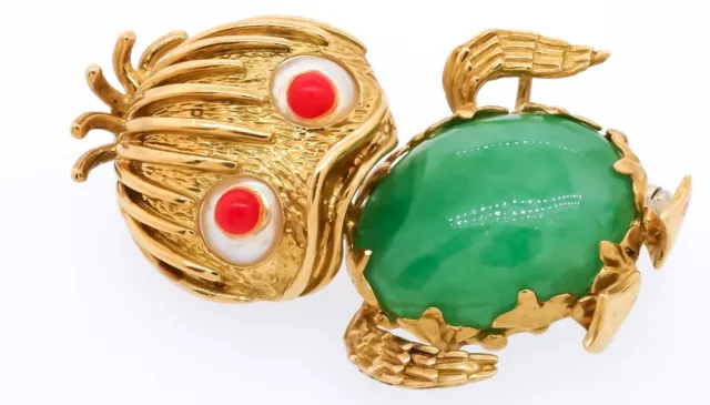 Vintage Italy 18K YG jade pearl & enamel ducky brooch