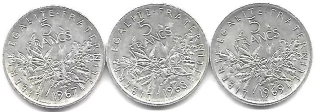 Super lot de 3 pièces de 5 Francs argent Semeuse de 1967; 1968; 1969.