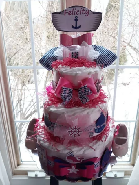 Nautical Theme Baby Girl  3 Tier Diaper Cake | Diaper Cakes |  Baby Shower Gift