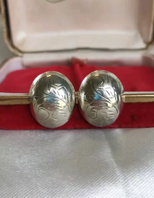 Vintage 925 Sterling Silver Large Puffy Oval Detailed Stud Earrings
