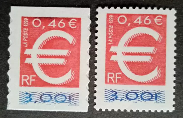 France  3214 / 3215  Neufs  **  Le  Timbre  Euro  De  1999  Variete  De  Couleur