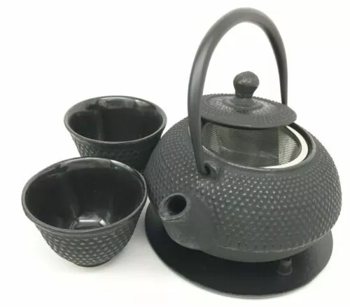 Japanese Imperial Dots Black Cast Iron Teapot Set With Trivet and Cups Serves 2 2