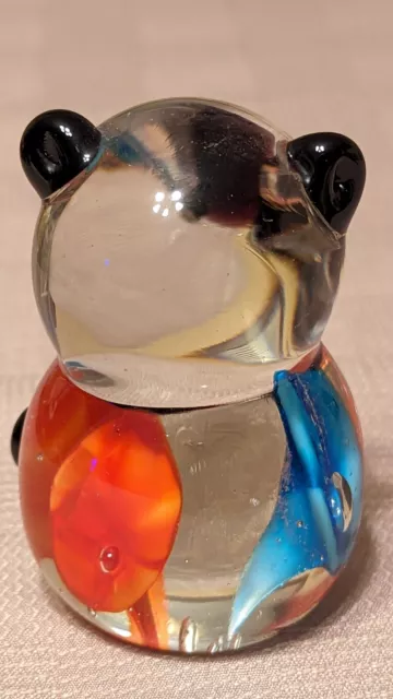 Vintage Hand Blown Art Glass Panda Bear Paperweight Figurine Blue Red Flowers 2