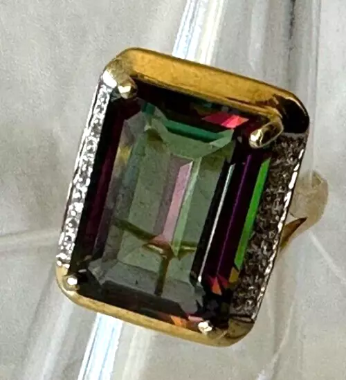 Vintage 14K YELLOW GOLD DIAMOND MYSTIC TOPAZ RING EMERALD CUT 16X12 mm STONE