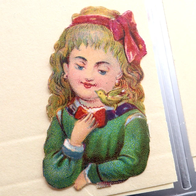 Antique  3" Paper Scrap Die Cut Young Victorian Child with Yellow Bird
