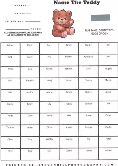 NAME THE TEDDY Scratch Card A4 Name The Bear Fundraising School
